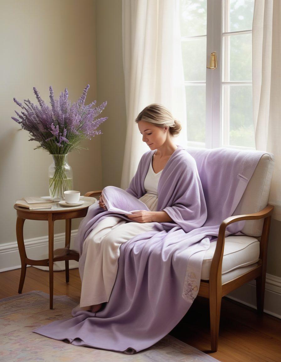 A serene scene depicting a caregiver gently embracing a patient, surrounded by soft, calming elements like lavender and soothing light. Incorporate elements symbolizing self-care, such as a journal, tea, and a cozy blanket in the background. Add soothing colors and a tranquil environment to evoke peace and compassion. painting. pastel colors. soft focus.