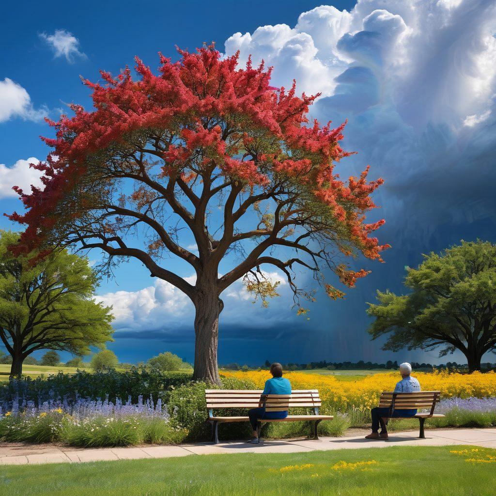 A serene landscape showcasing a resilient tree standing strong against a storm, symbolizing emotional wellness and support. In the foreground, diverse individuals are engaging in supportive conversations on benches bathed in warm sunlight, surrounded by blooming flowers and gentle streams. Soft clouds part to reveal a bright blue sky, enhancing the feeling of hope and transformation. The scene evokes a sense of community and strength, perfect for a blog about resilience. super-realistic. vibrant colors. peaceful atmosphere.