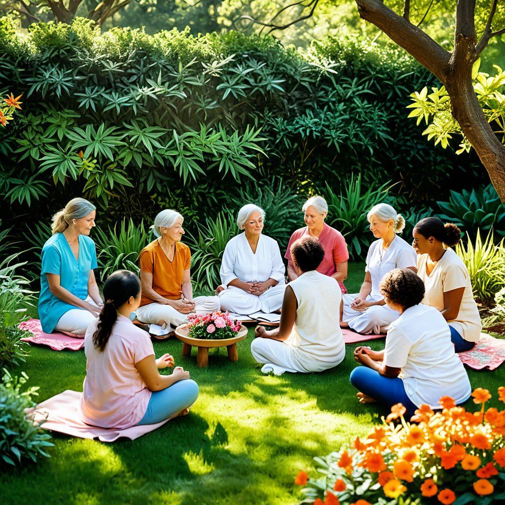 A serene scene depicting a diverse group of caregivers sharing a supportive moment in a tranquil garden. Include elements like comforting tools: journals, meditation items, and uplifting quotes on a chalkboard. Soft sunlight filtering through trees, creating a peaceful ambiance. Showcase a sense of connection and resilience among the caregivers. super-realistic. warm colors. natural setting.